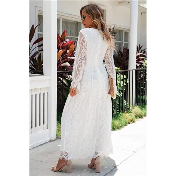 Women's Scalloped Hem Flounce Sleeve Lace V-Neck Maxi Dress - Picture 4 of 9